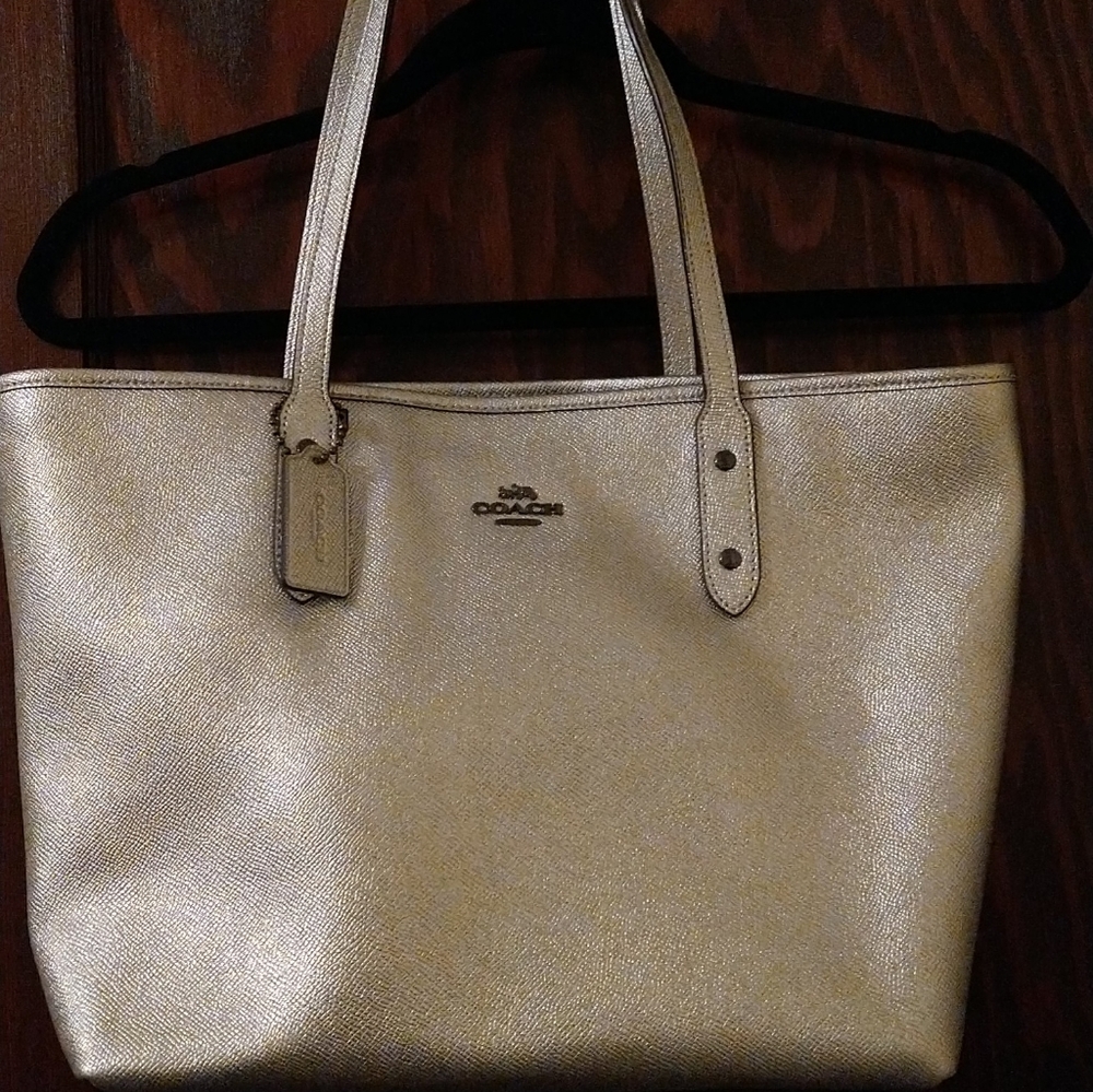 Metallic silver Coach tote